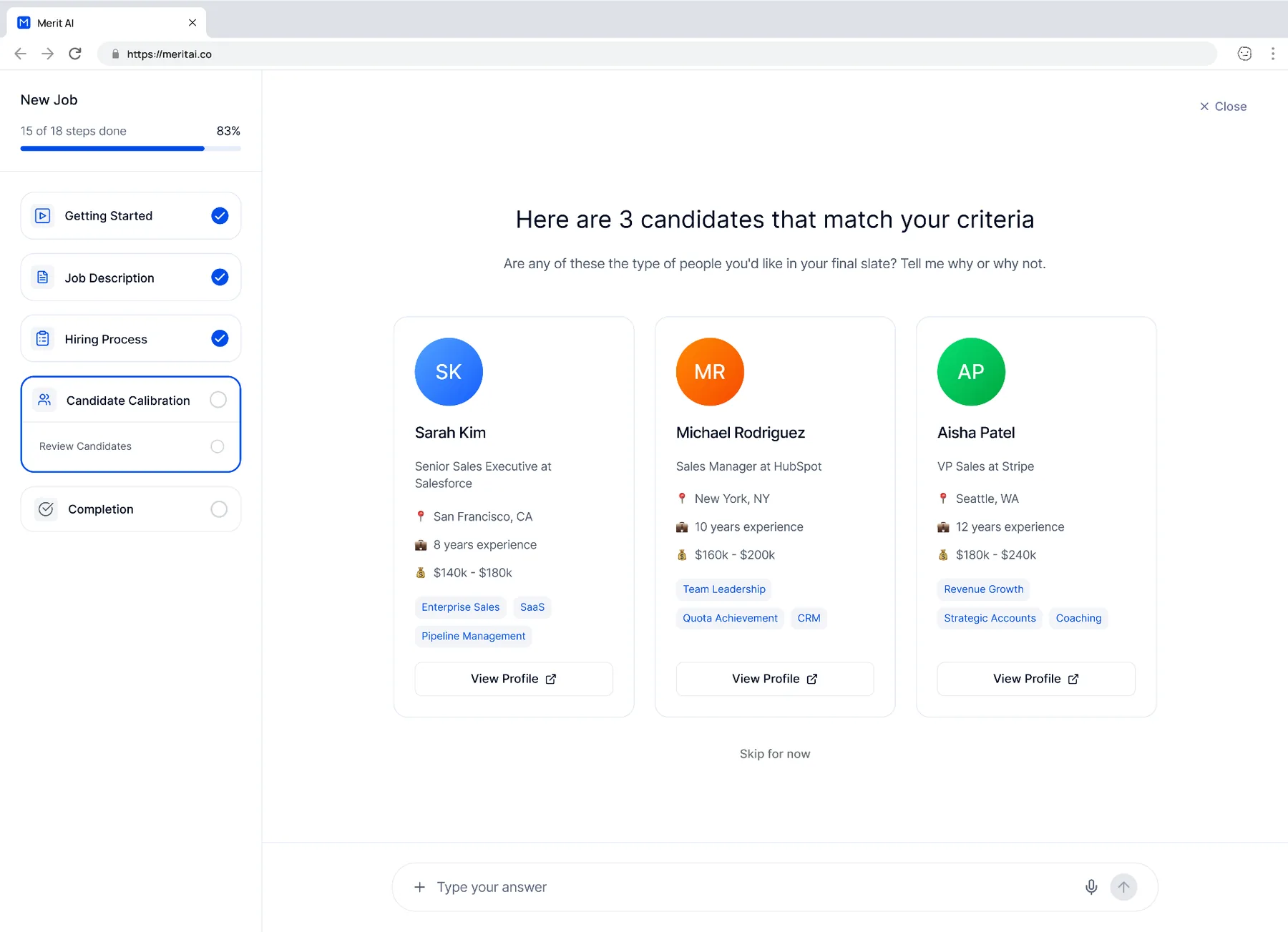 Merit candidate calibration screen showing three matched candidates with experience, compensation, and skill tags