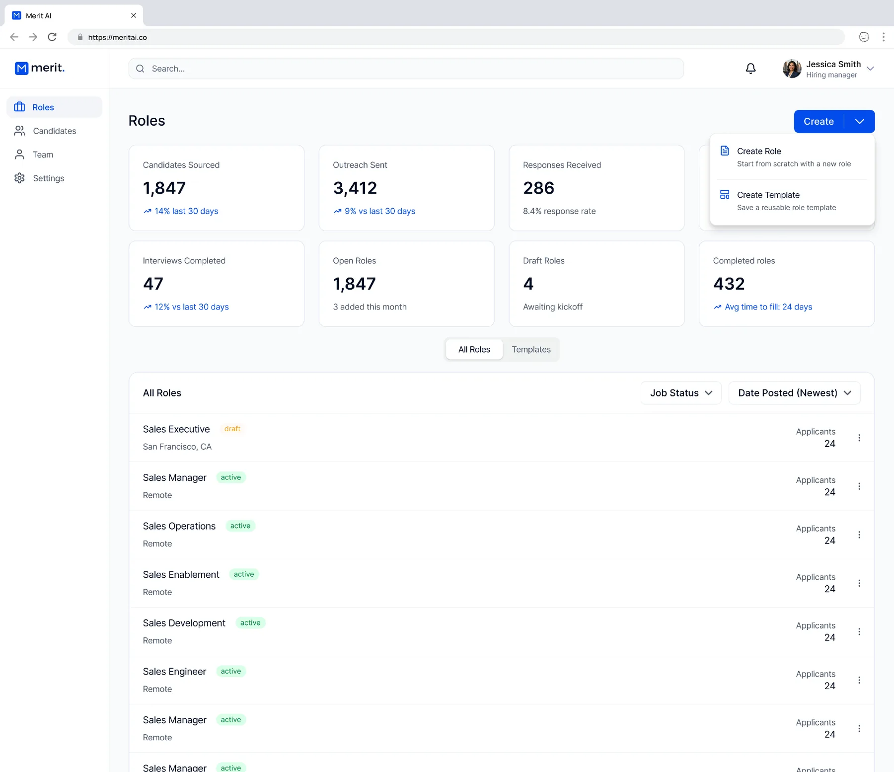 Merit hiring manager dashboard showing roles overview, pipeline metrics, and a Create Role menu
