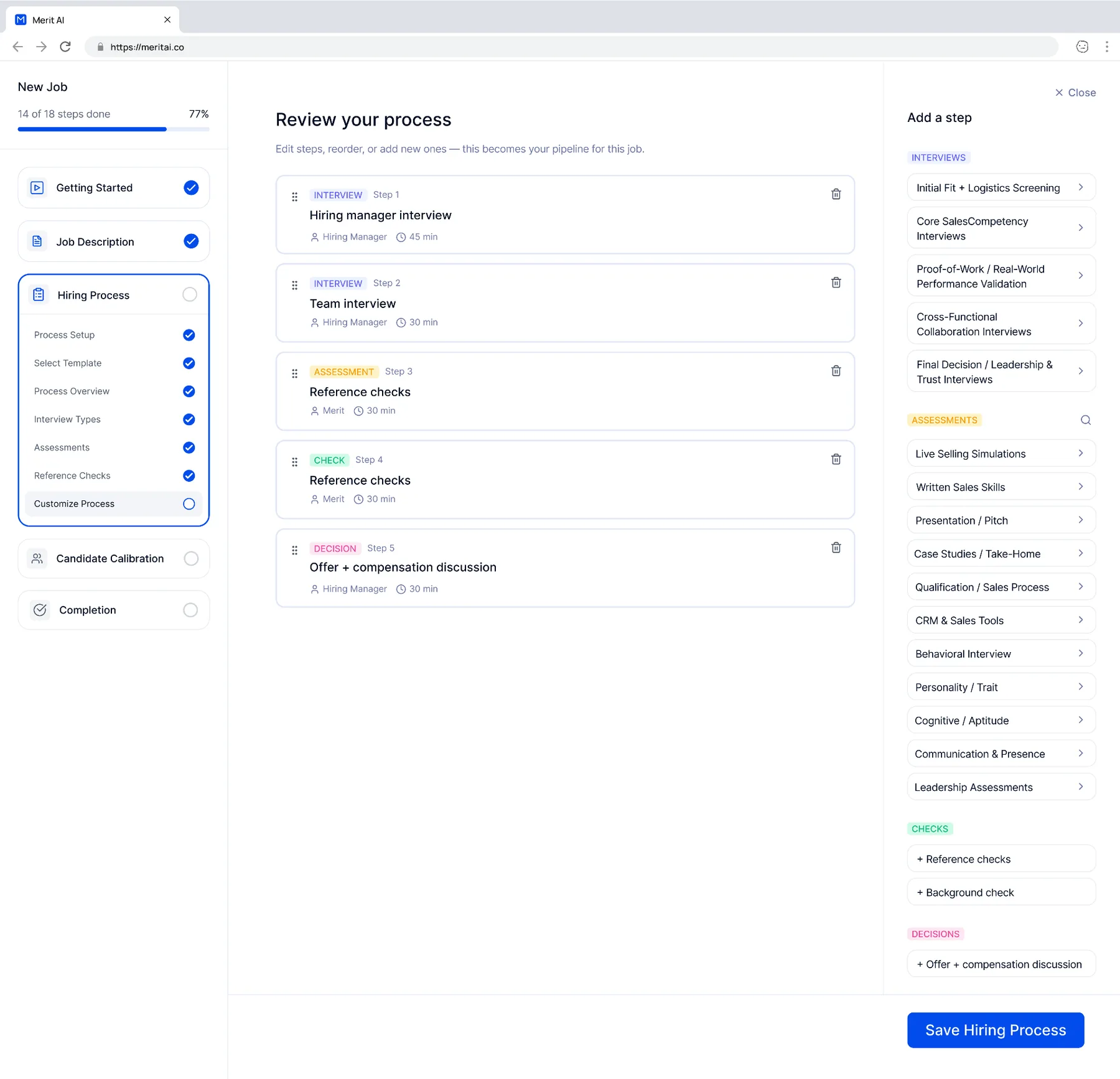 Merit interview pipeline builder with drag-and-drop interview, assessment, check, and decision steps